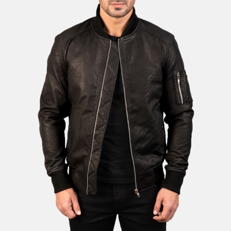 Bomia Ma-1 Distressed Black Leather Bomber Jacket | Core Outfits