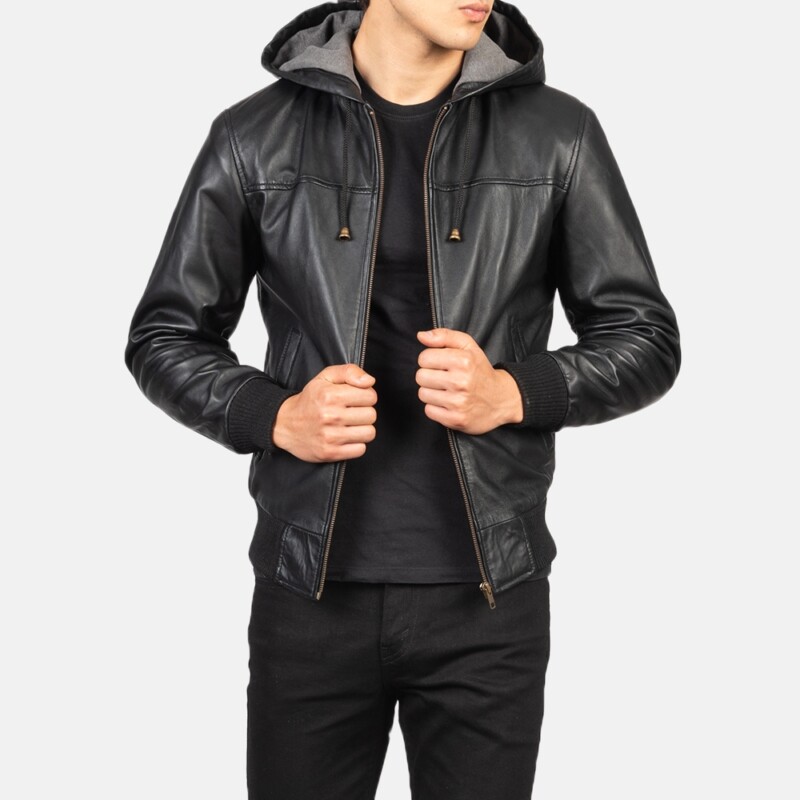Nintenzo Black Hooded Leather Bomber Jacket | Core Outfits