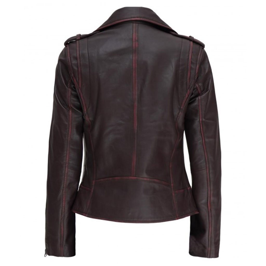 Women Asymmetrical Motorcycle Rub Off Dark Brown Leather Jacket