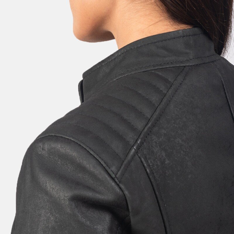 Kelsee Distressed Black Leather Biker Jacket