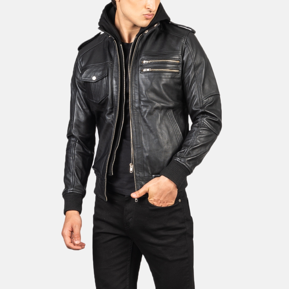 Bravado Black Hooded Leather Bomber Jacket | Core Outfits