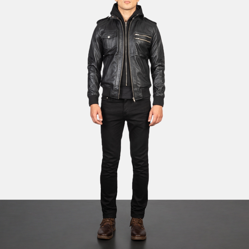 Bravado Black Hooded Leather Bomber Jacket | Core Outfits