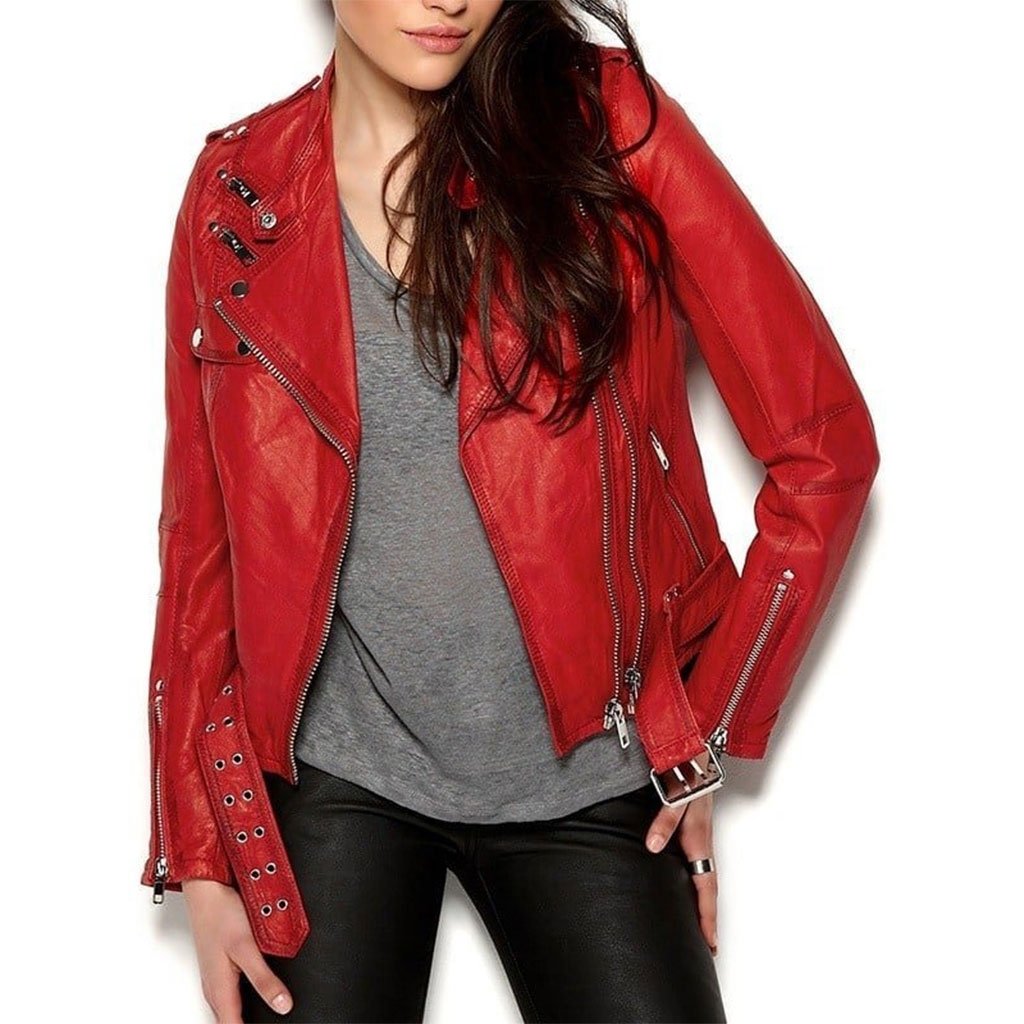 Womens Cafe Racer Leather Motorcycle Jacket Red