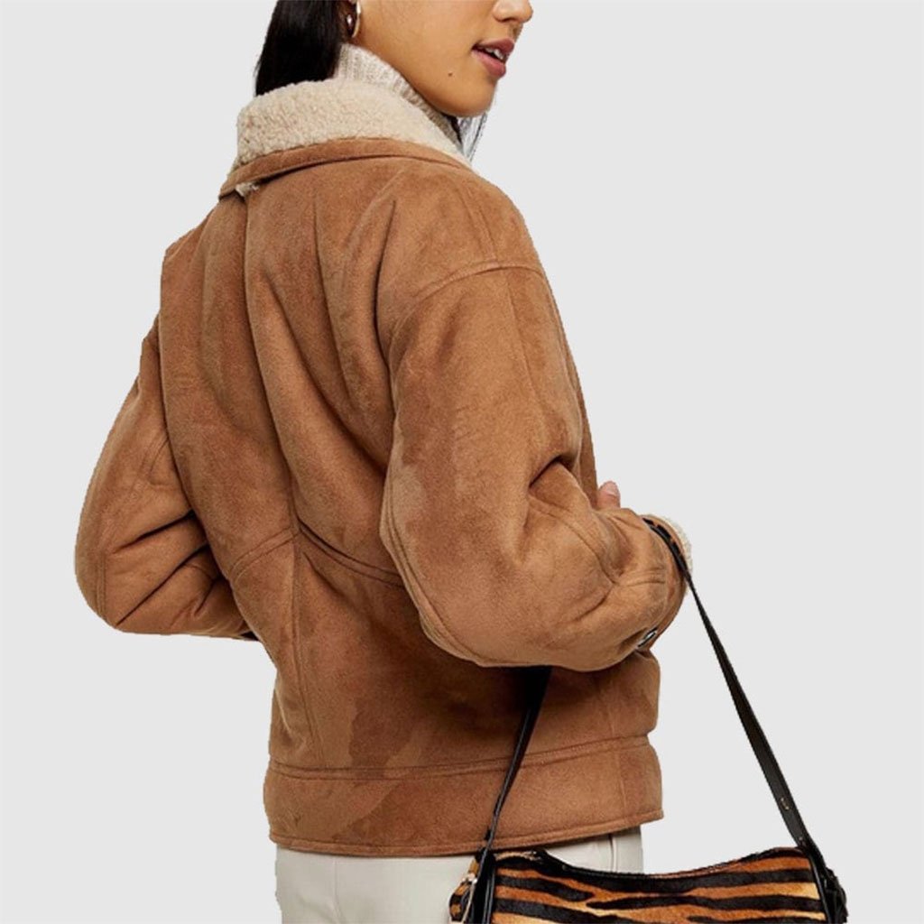 “Womens Omega Brown Faux Shearling Leather Jacket “