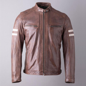 Charlie Leather Racer Jacket in Cognac with Cream Stripe