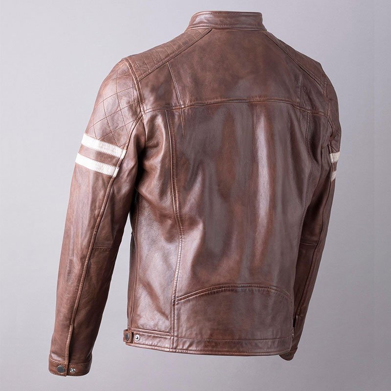 Charlie Leather Racer Jacket in Cognac with Cream Stripe