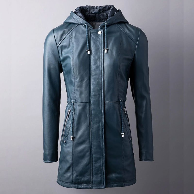 Ambleside Hooded Leather Coat in Navy